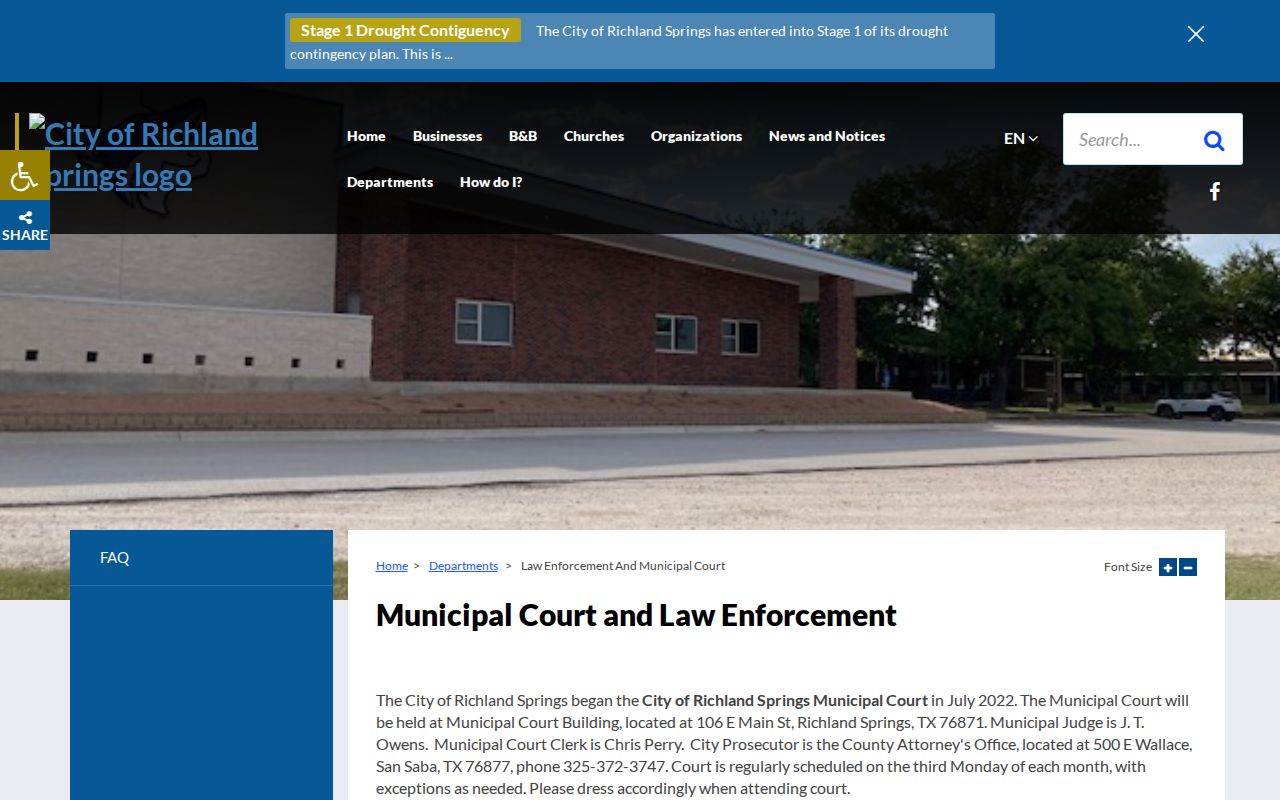 Richland Springs criminal records law enforcement and municipal court page
