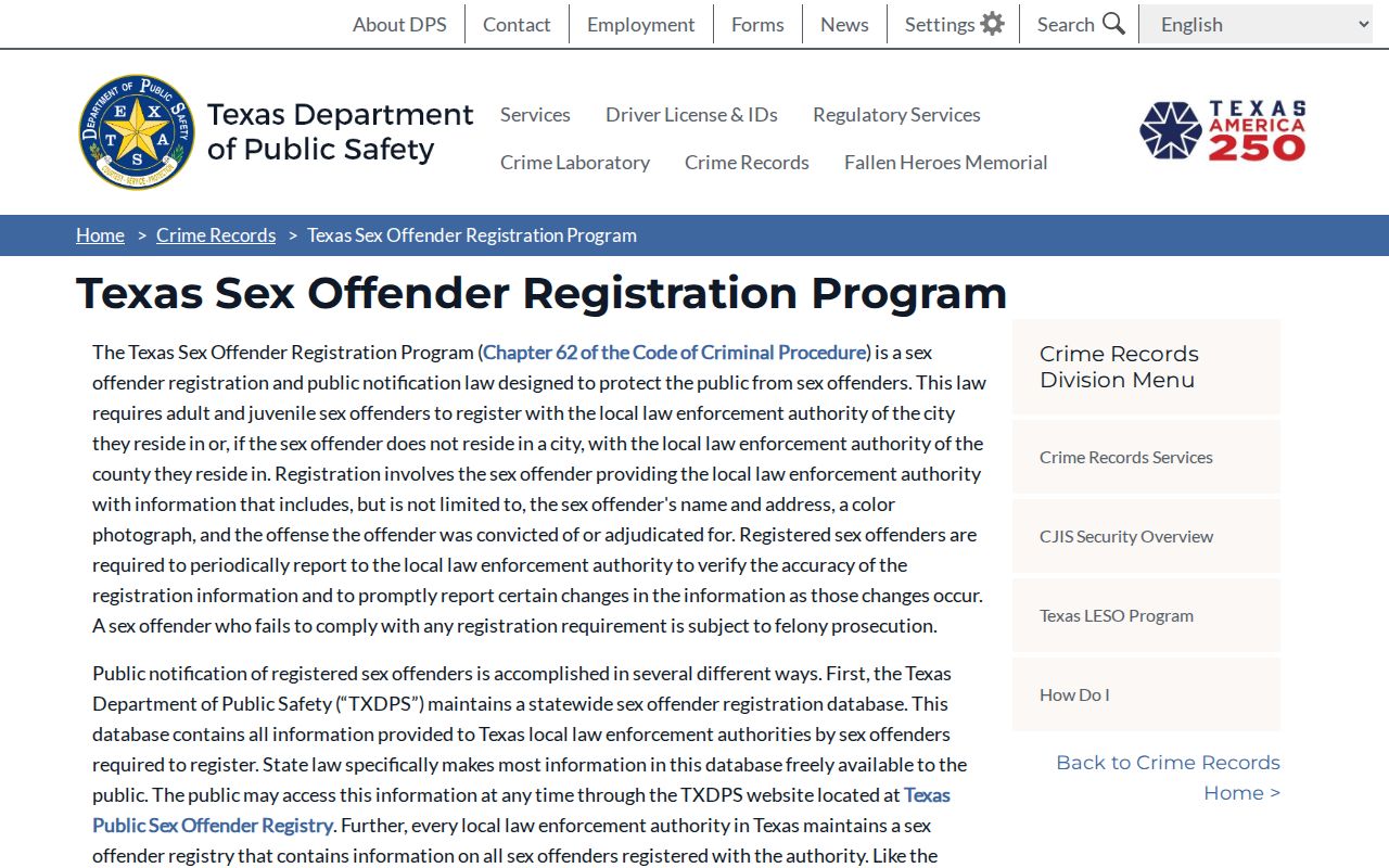 Texas registration program information for San Saba County sex offender searches